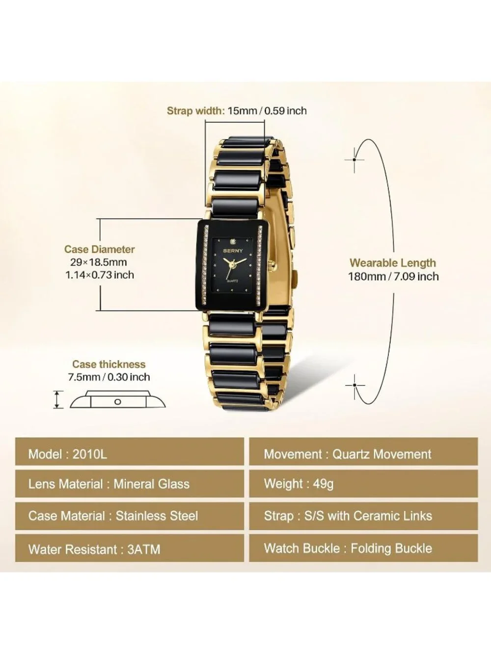 Women's Gold Black Ceramic Band Bracelet Vintage Luxury Dainty Wrist Watch